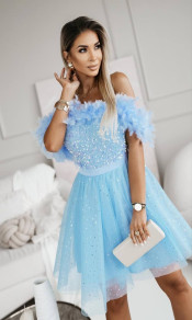 Γυναικείο κοντό φόρεμα με τούλι και φθερά S23889 γαλάζιο