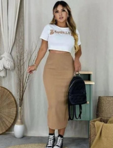 Γυναικείο σετ φούστα και μπλούζα W63160 μπεζ