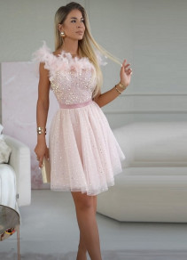 Γυναικείο κοντό φόρεμα με τούλι και φθερά S23889 ροζ
